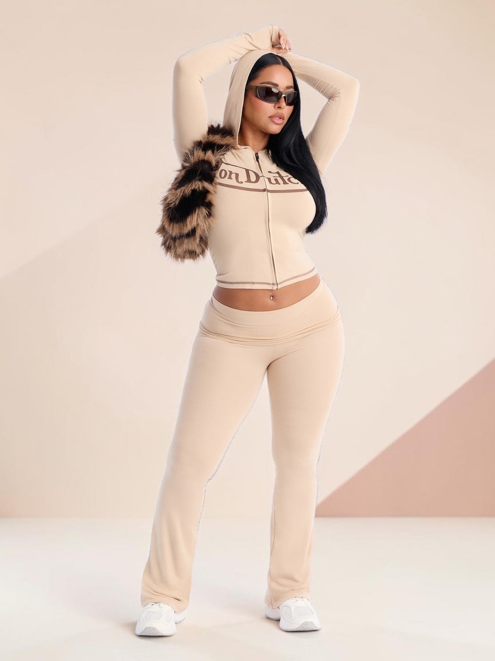 Von Dutch Beige Zip Hoodie & Flare Pants Set